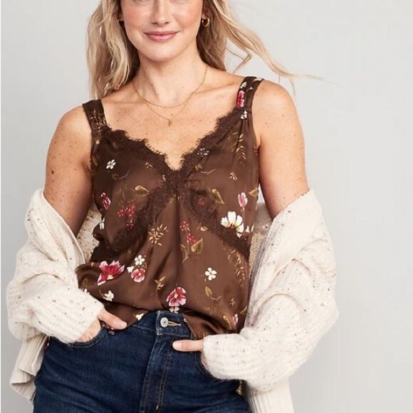 Old Navy Brown Lace Trimmed Floral Satin Cami Tank Top L - Picture 1 of 7